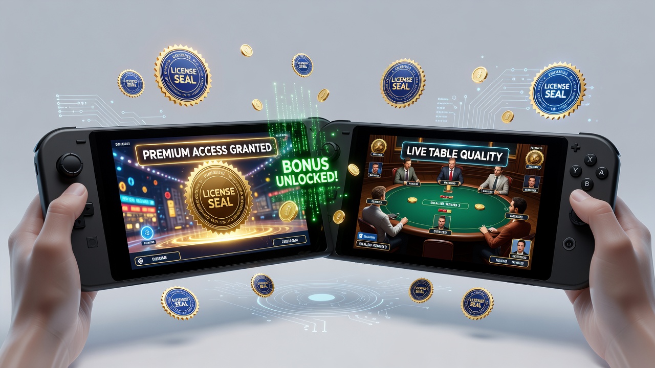 Darstellung von Lizenzsiegeln und mobilen Casino-Apps mit Fokus auf Bonus- und Live-Tisch-Elemente