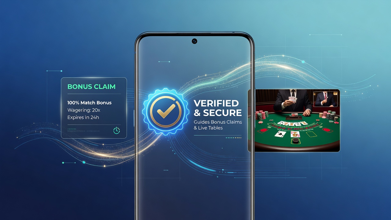 Verifizierungssiegel auf einer mobilen Casino-App-Oberfläche mit Fokus auf Bonus- und Live-Tisch-Elemente