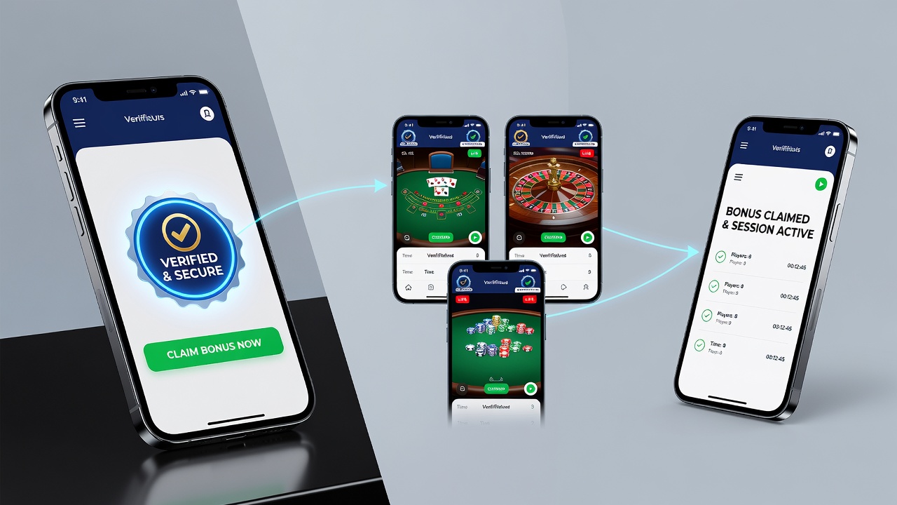 Smartphone-Display mit laufender Echtzeit-Tischsitzung und sichtbarem Verifizierungssiegel in der App