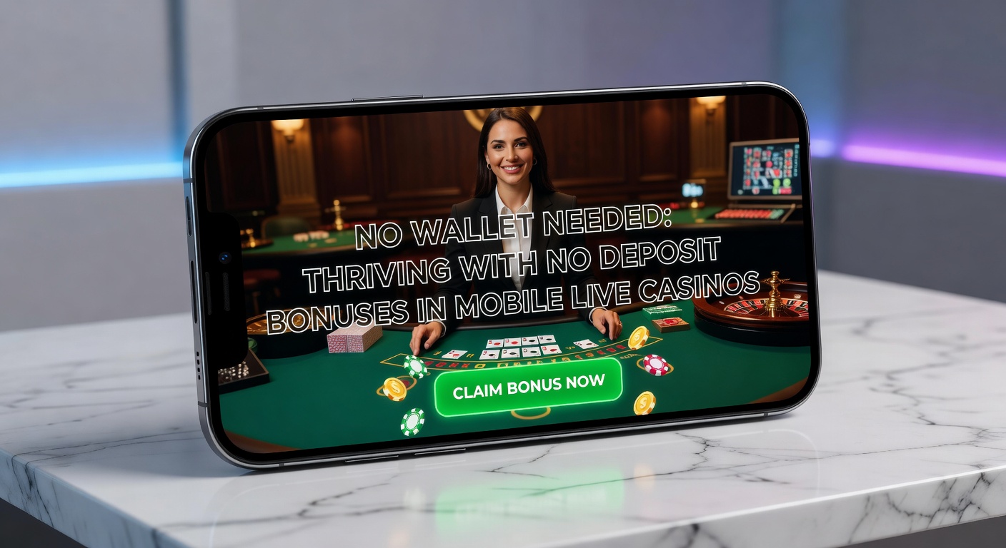 Smartphone mit Live-Casino-App und No-Deposit-Bonus-Angebot im Vordergrund, das risikofreies Spielen in Echtzeit zeigt