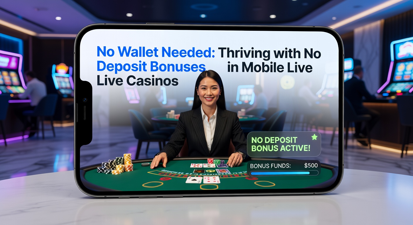 Live-Dealer am Roulette-Tisch auf Mobilgerät, mit No-Deposit-Bonus-Banner und Gewinnanzeige, die risikofreies Thriving illustriert