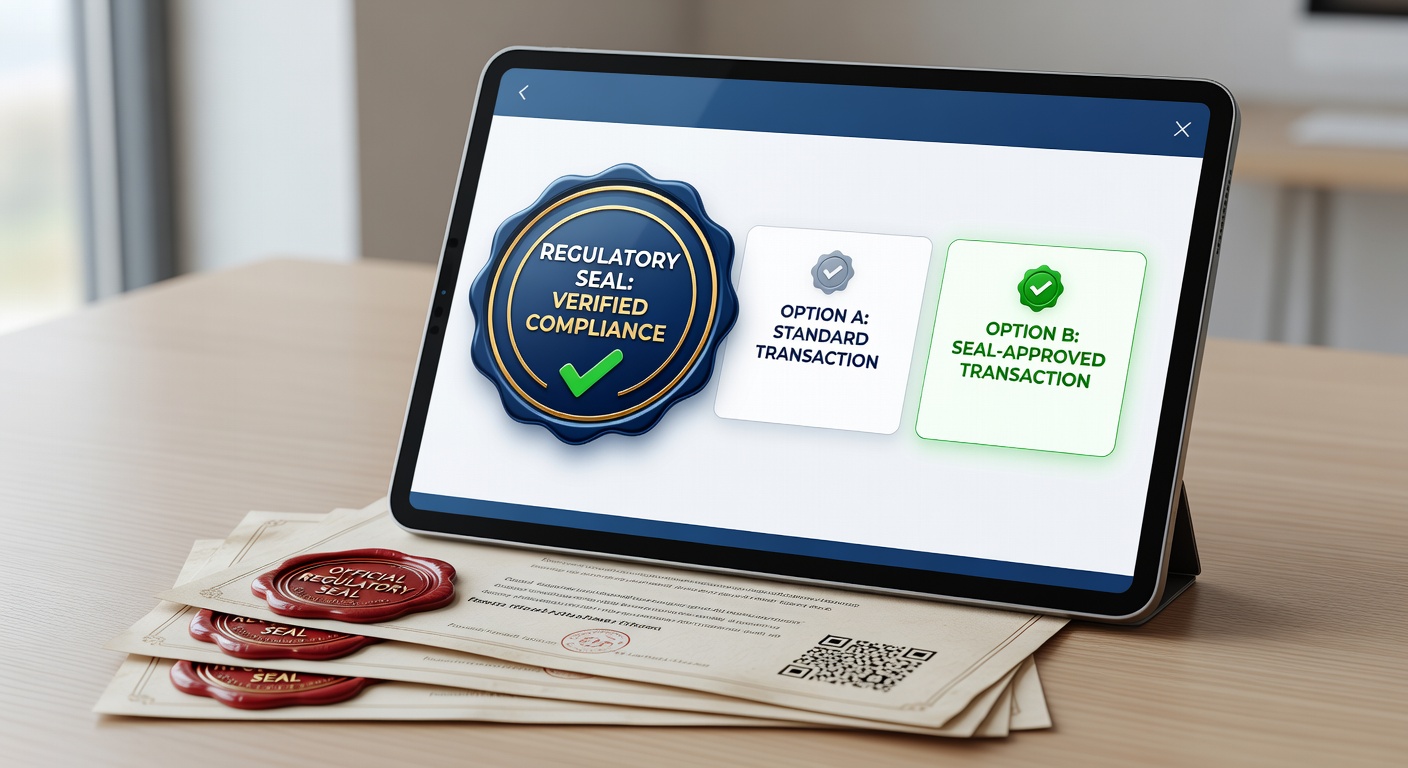 Mobile App-Oberfläche mit regulatorischen Siegeln und Beispielen für Transaktionsflüsse auf interaktiven Plattformen